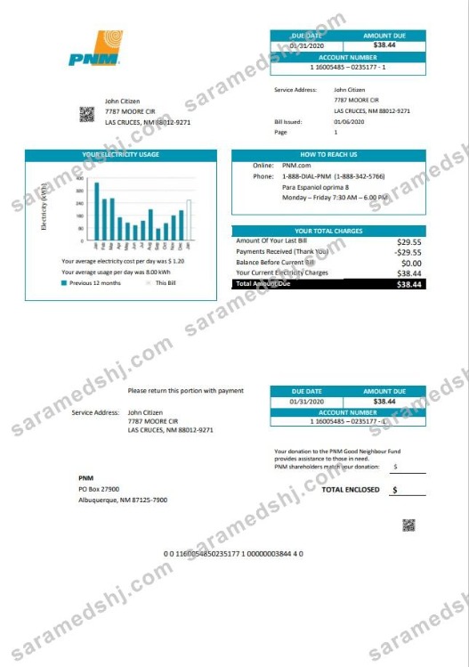 USA New Mexico PNM easy fillable utility bill template in Word and PDF format (.doc and .pdf)